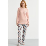 Yumoş Dokulu Desen Kombinli Pijama Takım - Somon