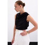 Sateen Degaje Yaka Saten Bluz - Siyah