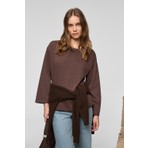 Grimelange BASIL Kadını Oversize %100 Organik Pamuk Örme Uzun Kol Koyu Kahverengi T-Shirt
