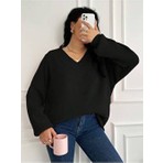 Efendix Büyük Beden Kadın Triko Kazak V Yaka Düz Siyah Renk Casual Stil