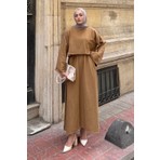 Lamelif Etekli Tesettür Takım Camel