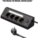 Akım Korumalı 4’lü Priz | 2 Usb-C + 2 Usb-A Çıkış | LED Işıklı Güç Ünitesi | 2 Metre Kablo – Hızlı Şarj ve Güvenli Kullanım