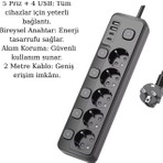 5 Prizli + 4 USB (2 Type-C) Akım Korumalı Anahtarlı Uzatma Kablosu 2 Metre