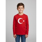 Çoçuk Erkek-Kız  Ay Yıldızlı Türk Bayraklı Uzun Kollu Kırmızı-Beyaz T-Shirt