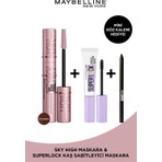 Maybelline New York Lash Sensational Sky High Kahverengi +  Super Lock Brow Glue Kaş Sabitleyici Maskara + Mny Tat.liner Gel Pencil Mini Maskara Hediyeli