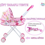 Brother Toys Yataklı ve Tenteli Metal Oyuncak Puset Bebek Arabası Beyaz - Pembe Çiçek Desenli