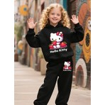 Punix Kids Kapüşonlu Kışlık Kız Çocuk Eşofman Takımı %100 Pamuk Hello Kitty Desenli Sıcak Tutan