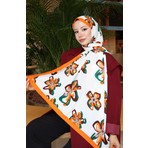 Sefa Merve Çiçek Desenli Capri Şal 70344-02 Turuncu Ekru
