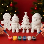 Printella 4'lü Yılbaşı Boyama Seti Noel Baba Kardan Adam Ağaç Kurabiye + 6 Renk Boya 2 Fırça