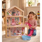 Toysilla Ahşap Bebek Evi - 3 Katlı, Full Eşyalı, 3 adet insan figürü Kaydıraklı ve Havuzlu Oyun Seti