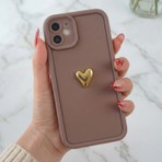 Fibaks Apple iPhone 11 Kılıf 3D Kalp Tasarımlı Kahverengi Desenli Yumuşak Kamera Korumalı Silikon Kapak