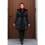 İmaj Butik Siyah Yaka Kürklü Kemer Detaylı Şişme Mont