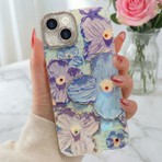 Fibaks Apple iPhone 13 Kılıf Renk Değiştiren Taşlı Kamera Lens Korumalı Mavi Çiçek Desenli Darbe Emici Kapak