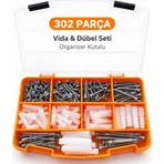302 Parça Vida ve Dübel Seti – Dın 7505 Sunta Vidaları, Kraft Plastik Dübel, Pz2×50 Bits Uç, Organizer Kutu