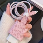 Fibaks iPhone 18W/20W/25W Pembe Leopar Şarj Aleti Koruyucu Şarj Kablosu Örme Aparatlı Koruyucu Toparlayıcı