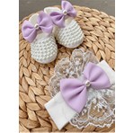 Harry&Millie Kız Bebek Fiyonk Detay Parlak Incili Patik Dantelli Bandana Set 10CM Hediyelik Patik Lüx Cırtcıtlı