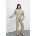 Dı Loria Kadın Bej Renk Eşofman Takım Oversize Fermuarlı Sweatshirt Pantolon