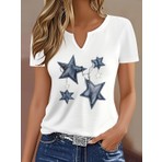 Mercoledi Kadın Kot Desenli Yıldız Baskılı Yarım V-Yaka Kollu Regular Kalıp Rahat T-Shirt