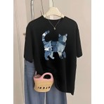 Mercoledi Denim Kedi Baskılı Oversize Bisiklet Yaka T-Shirt