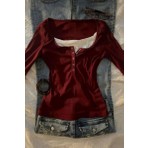 Köstebek Bordo Henley Yaka Ekli Grunge Y2K Uzun Kollu Crop