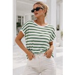 Rich Kadın Yeşil Beyaz Çizgili Yarasa Kol T-Shirt | Şık Basic Tişört
