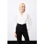 Sateen Parlak Çizgili Bodysuit Bluz - Ekru