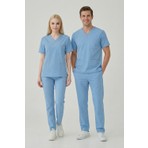 Pratik Medikal Buzul Mavi Likralı Scrubs Doktor Hemşire Forması Yarasa Kol Takım Unisex