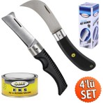 Badem10 4'lü Set Aşı Bıçağı Eğri Uçlu Bağ Bıçağı Çakısı + Aşı Bandı + Macunu + Düz Uçlu Açı Bıçak