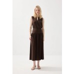 Gusto Yırtmaçlı Uzun Tencel Etek - Kahverengi