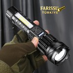 farissu 2500 Lümen Şarjlı Taktik LED El Feneri – 7 Modlu, Zoom Özellikli, Cob Yan Işıklı + Özel Kılıf Hediyeli