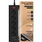 Fulltech FTR-26 Akım Korumalı Priz Siyah 9’lu (5 Priz + 2 USB-A + 2 USB-C) 3680W 16A, 2 Metre Kablolu, Gece Lambalı Çoklu Priz