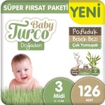 Baby Turco Doğadan Süper Fırsat Paketi Pofuduk Bebek Bezi 3 Numara Midi 126 Adet