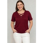 Curvy Trend Büyük Beden V Yaka Çapraz Bantlı Kısa Kol Bluz