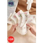 Hitit Socks Kadın 5 Çift Premium Karışık Çiçek Desenli Kısa Patik Çorap Bilek Çorabı Beyaz