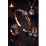 İyyaKe Kadın Bakır Bileklik Yüzük Küpe Kolye Takım Seti Doğal Mistik Topaz Yuvarlak Model Bakır Set