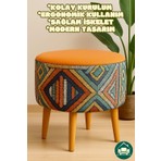 Dekor Mobilyacım Albatros Retro Gürgen Ahşap Ayaklı Dekoratif Etnik Üst Turuncu Desenli Silindir Puf Bench Koltuk