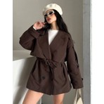 Vess Moda Kadın Acı Kahverengi Rüzgarlık Detaylı Kısa Trençkot Kruvaze Yaka Regular Fit