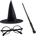 Samur Harry Potter Şapkası Siyah Renkli 3 Lü Set Gözlük ve Asa ile Eğlenceli Aksesuar