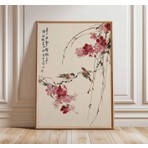 Ninastore Kiraz Çiçeği Duvar Sanatı - Japon Kuşu Posteri - Asya Tarzı Baskı - Oryantal Doğa Sanatı - Zen Ev