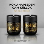 LE Paris Hello Baskılı 2 Adet Cam Kokusuz Küllük | Dumansız | Rüzgar Önleyici Kapaklı Dekoratif Cam Küllük | 425 ML | Siyah