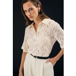 Sateen Dantel Bluz - Bej