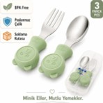 Jojobebek Yeşil Renk Ayıcık Figürlü Premium Çocuk BPA Free Silikon Sap Paslanmaz Çelik Uçlu Çatal-Kaşık Set ve Saklama Kutusu 9+ Ay