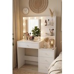 Robin Home Hollywood Makyaj Masası 4 Çekmeceli Düzenleyici Hollywood LED Işıklı Raflı Beyaz