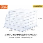 Aşkana Şeffaf Akrilik Kozmetik Organizer 5 Katlı Çekmeceli Makyaj Düzenleyici | Çok Amaçlı Organizer Kutu (Makyaj, Takı, Ofis, Manikür Seti) – Büyük Boy 25X18 cm