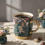 Aryıldız Lady Kupa Bardak Yeşil Porselen Çiçek Desenli 400 ml Tekil Parça Şık Tasarım