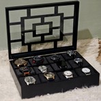 Tekir Store Ahşap 12 Bölmeli Saat Kutusu Dekoratif Siyah Camlı Saat Aksesuar Saklama Kutusu Organizer