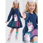 Denokids Kız Çocuk Kışlık Unicorn Desenli Tüllü Lacivert Uzun Kollu Fırfırlı Elbise 2-8 Yaş