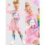 Denokids Kız Çocuk Kışlık Unicorn Desenli Pembe Uzun Kollu Fırfırlı Elbise 2-8 Yaş