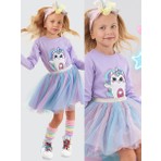 Denokids Kız Çocuk Kışlık Unicorn ve Kedi Desenli Tüllü Mor Uzun Kollu Elbise 2-8 Yaş