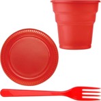 İstoç Parti Kırmızı Renk 25'li Plastik Tabak Bardak Çatal Seti